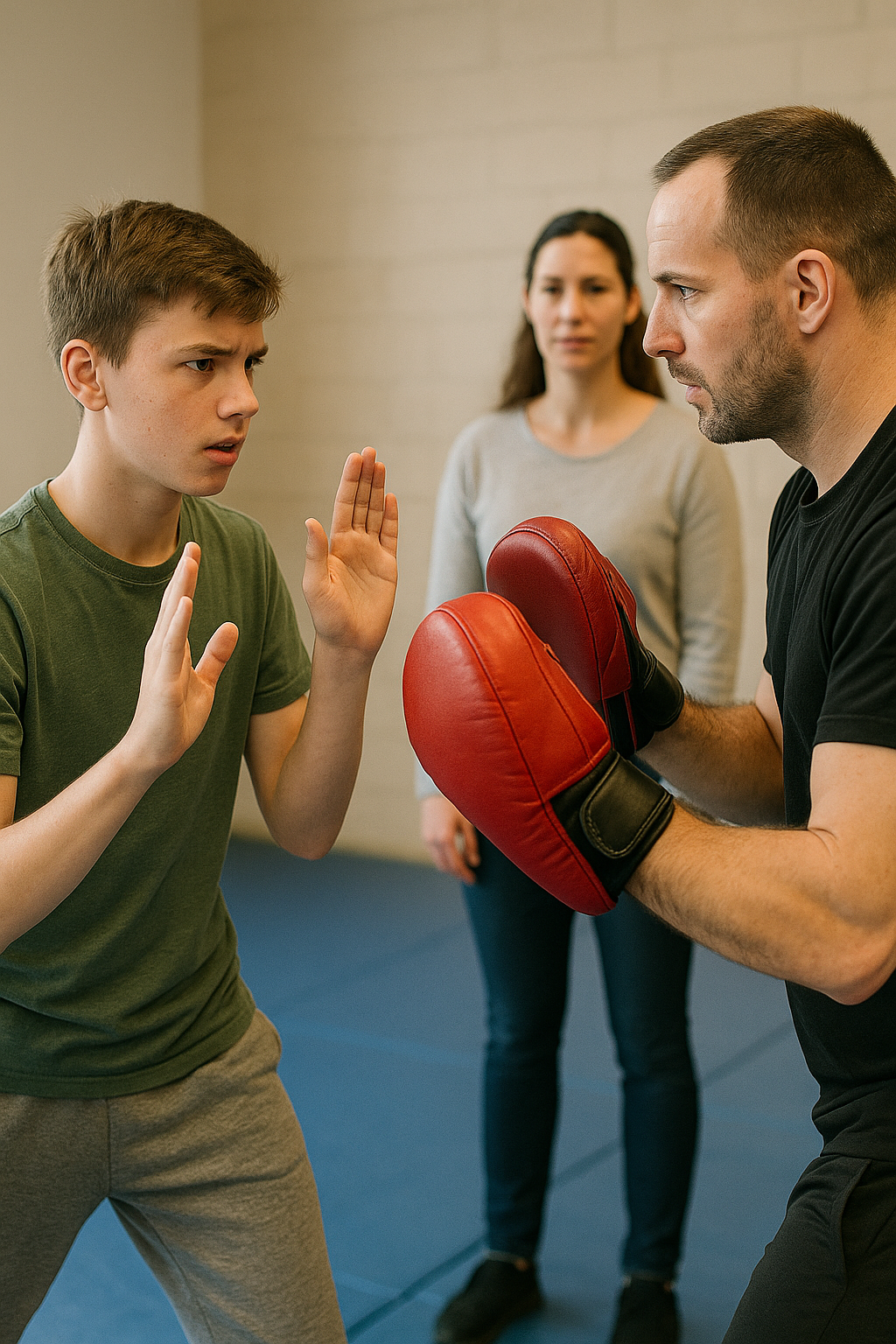Jongere leert defensieve technieken en grenzen stellen tijdens bokstraining